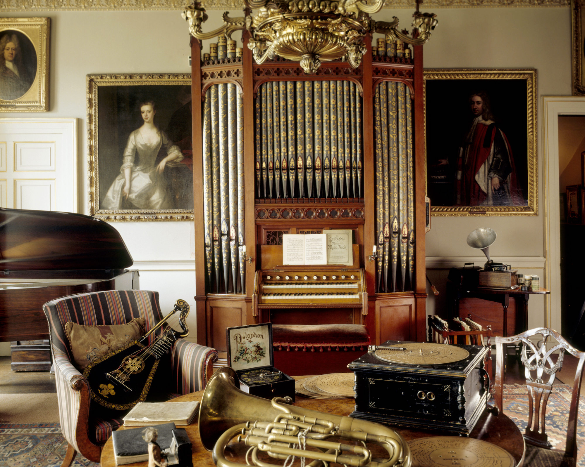 The Music Room at Erddig, with harp-lute to left