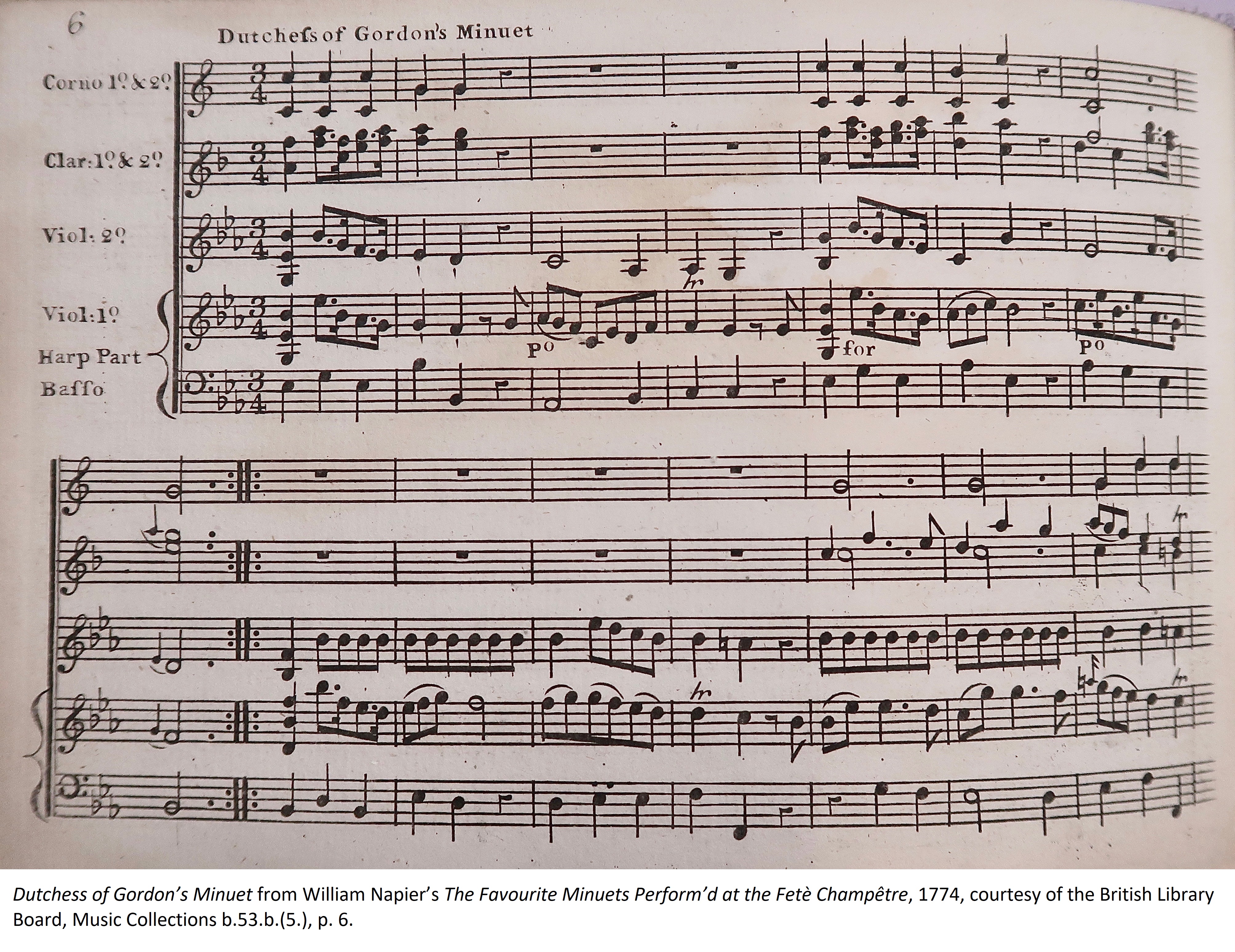 Dutchess of Gordon’s Minuet from William Napier’s The Favourite Minuets Perform’d at the Fetè Champêtre, 1774, courtesy of the British Library Board, Music Collections b.53.b.(5.), p. 6.