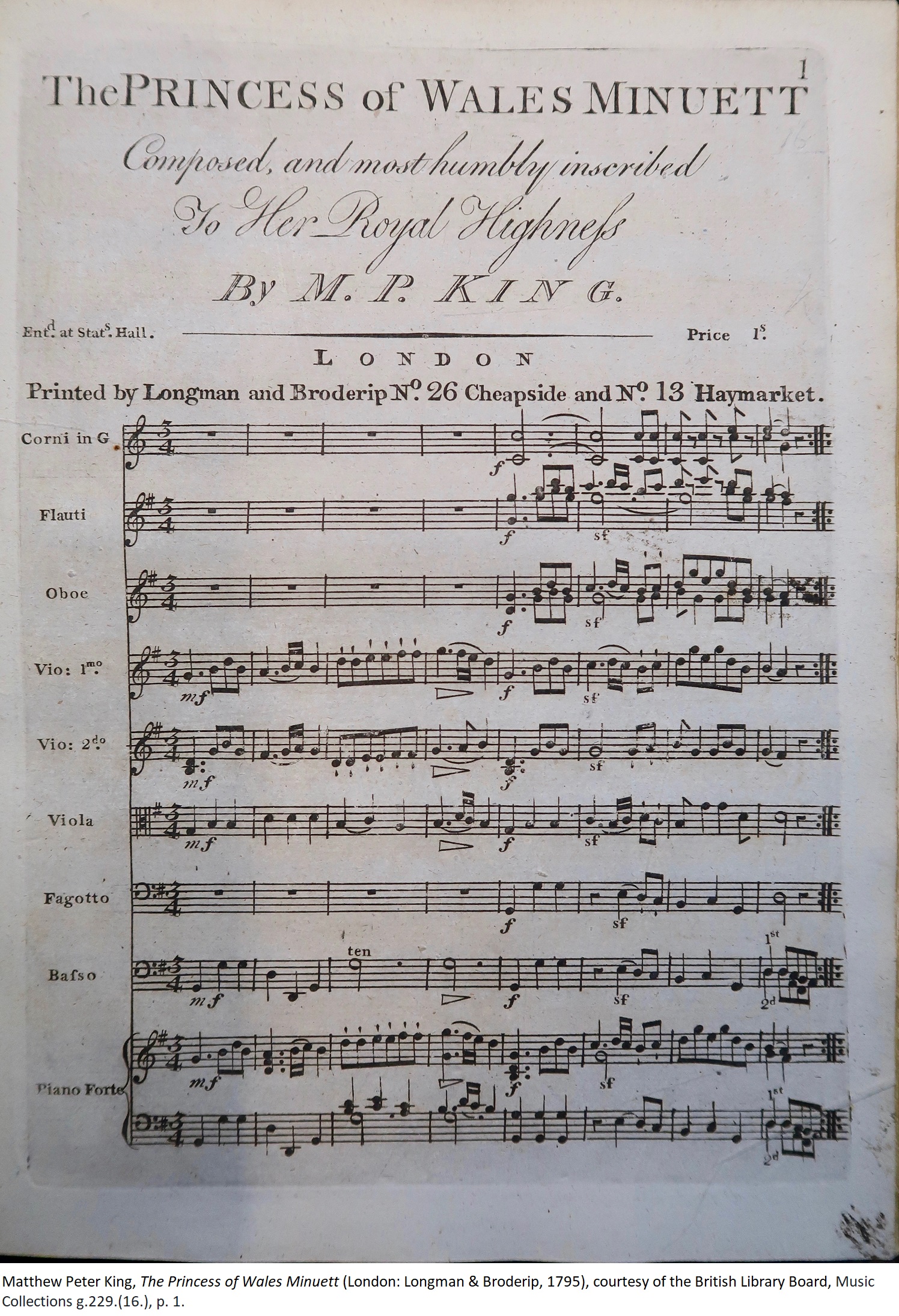 Matthew Peter King, The Princess of Wales Minuett (London: Longman & Broderip, 1795), courtesy of the British Library Board, Music Collections g.229.(16.), p. 1.