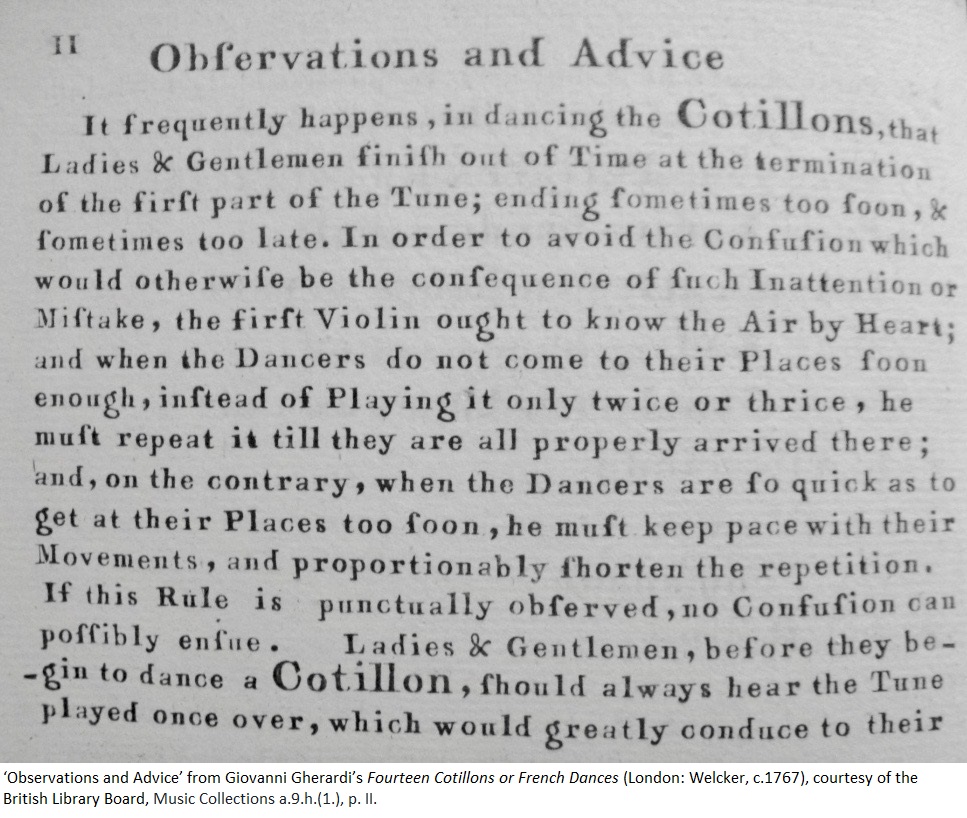 ‘Observations and Advice’ from Giovanni Gherardi’s Fourteen Cotillons or French Dances (London: Welcker, c.1767), courtesy of the British Library Board, Music Collections a.9.h.(1.), p. II.