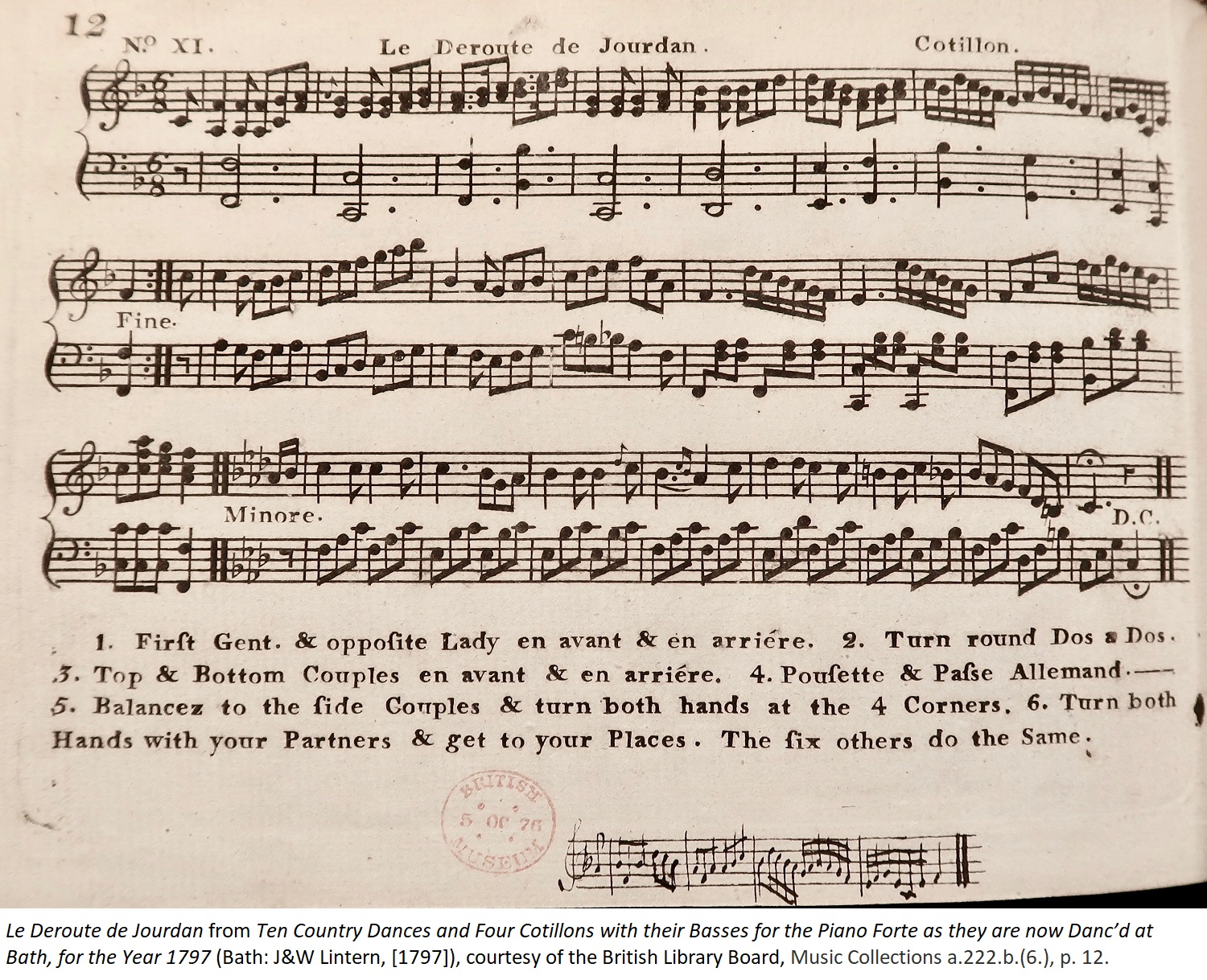 Le Deroute de Jourdan from Ten Country Dances and Four Cotillons with their Basses for the Piano Forte as they are now Danc’d at Bath, for the Year 1797 (Bath: J&W Lintern, [1797]), courtesy of the British Library Board, Music Collections a.222.b.(6.), p. 12.