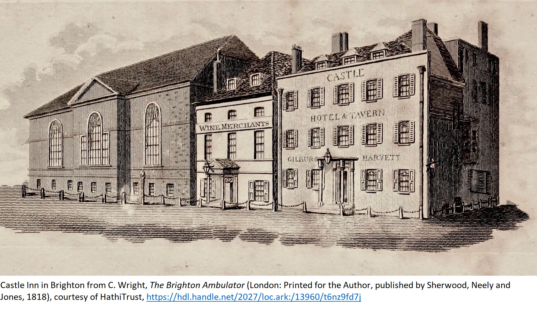  Castle Inn in Brighton from C. Wright, The Brighton Ambulator (London: Printed for the Author, published by Sherwood, Neely and Jones, 1818), courtesy of HathiTrust, https://hdl.handle.net/2027/loc.ark:/13960/t6nz9fd7j
