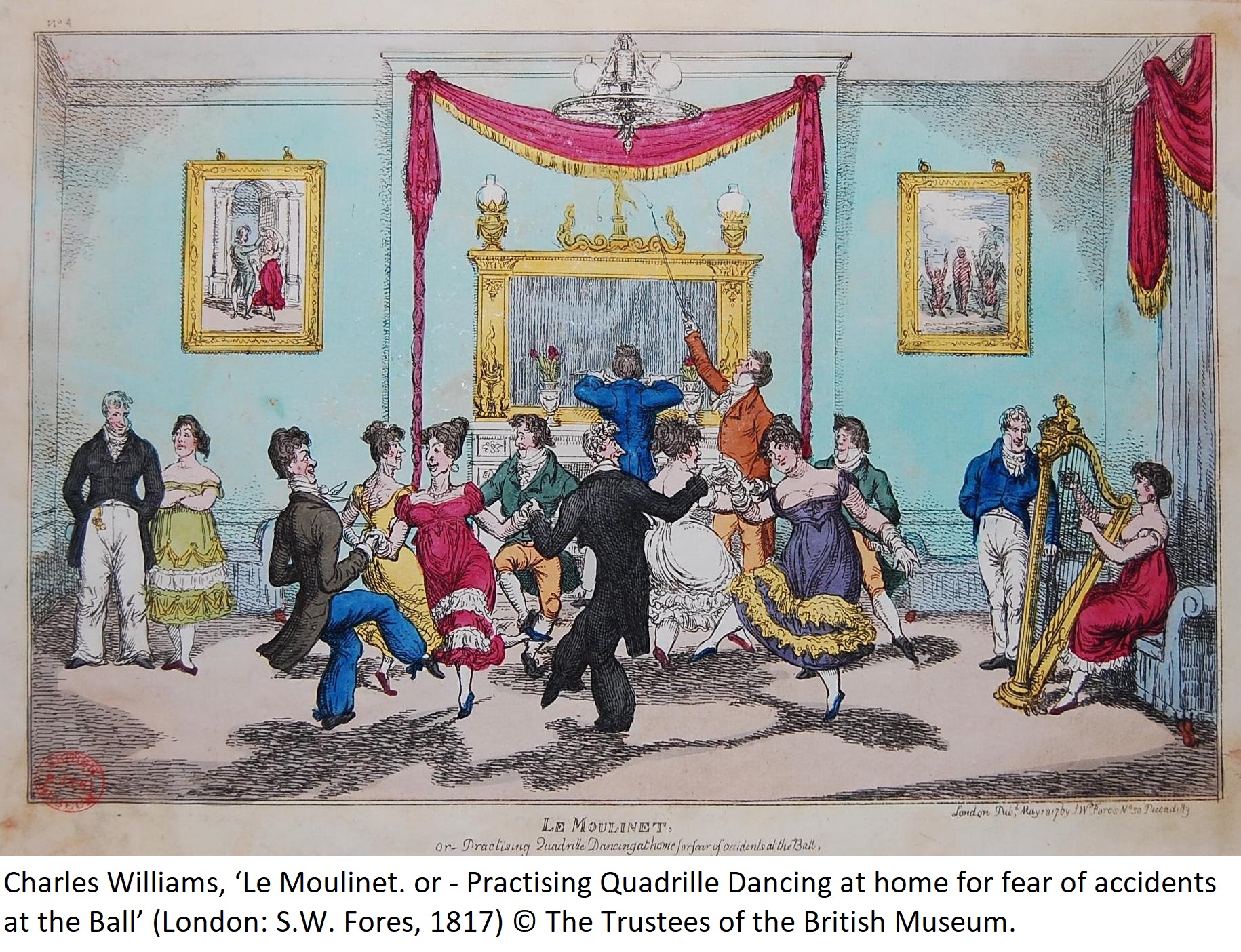Charles Williams, ‘Le Moulinet. or - Practising Quadrille Dancing at home for fear of accidents at the Ball’ (London: S.W. Fores, 1817) © The Trustees of the British Museum.