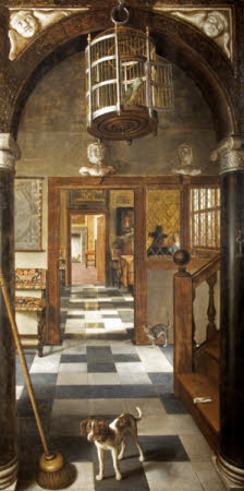 Samuel van Hoogstraten's 'A View Through A House' which William Blathwayt obtained from Thomas Povey.  It shows a songbird perching in an open cage, hanging above a dog standing on a black and white floor which stretches through several doorways