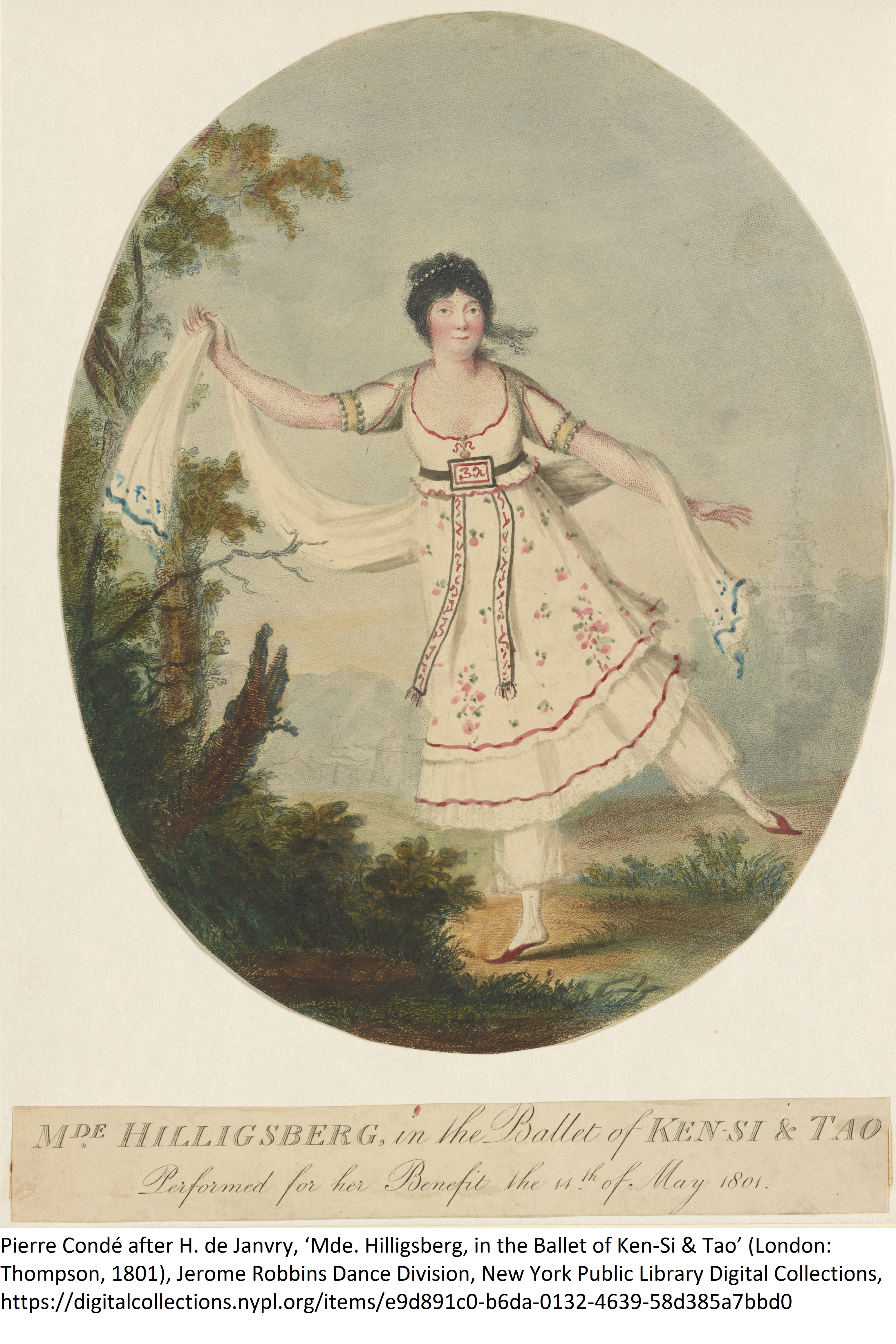 Pierre Condé after H. de Janvry, ‘Mde. Hilligsberg, in the Ballet of Ken-Si & Tao’ (London: Thompson, 1801), Jerome Robbins Dance Division, New York Public Library Digital Collections, https://digitalcollections.nypl.org/items/e9d891c0-b6da-0132-4639-58d385a7bbd0 