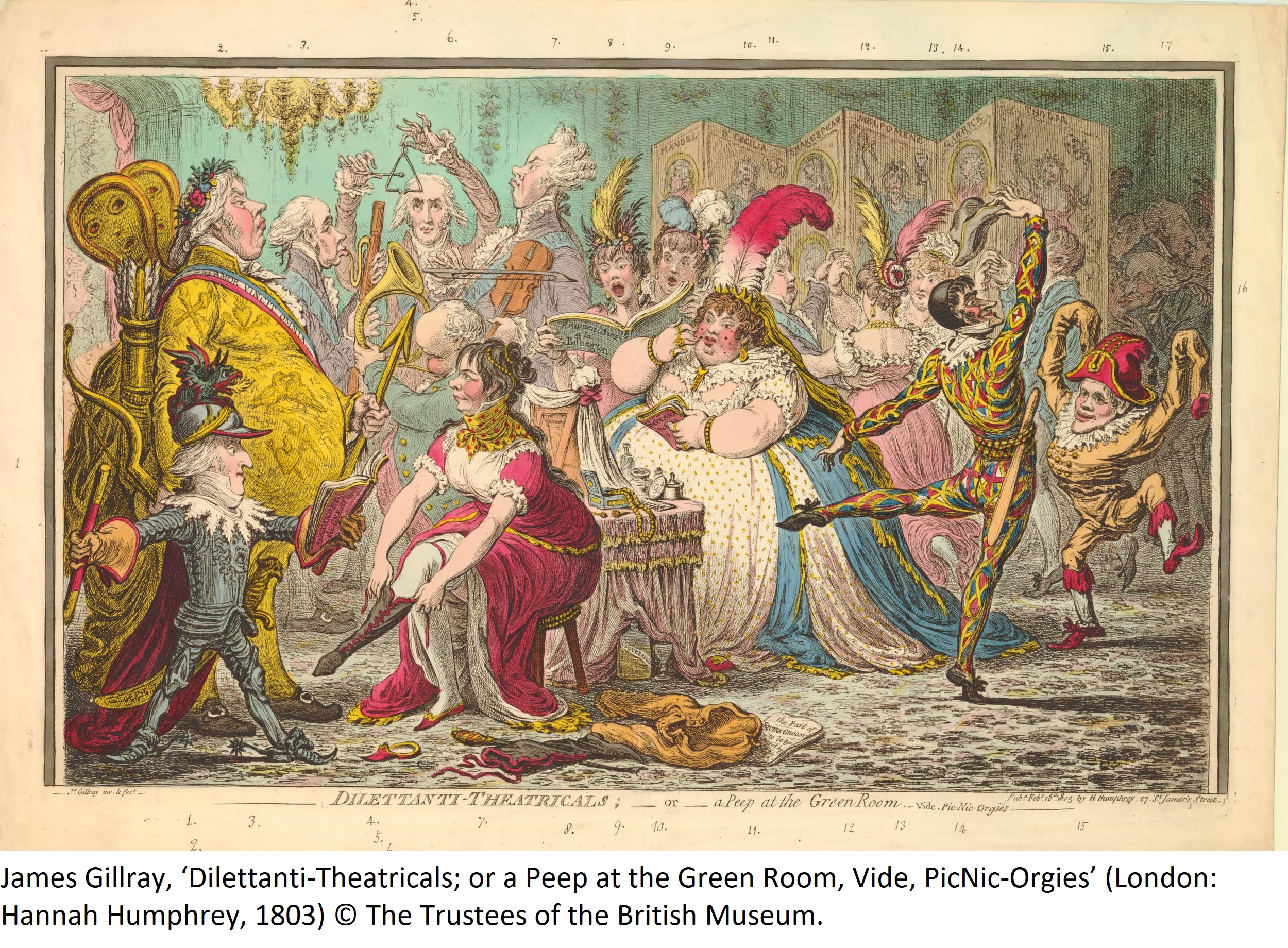James Gillray, ‘Dilettanti-Theatricals; or a Peep at the Green Room, Vide, PicNic-Orgies’ (London: Hannah Humphrey, 1803) © The Trustees of the British Museum.