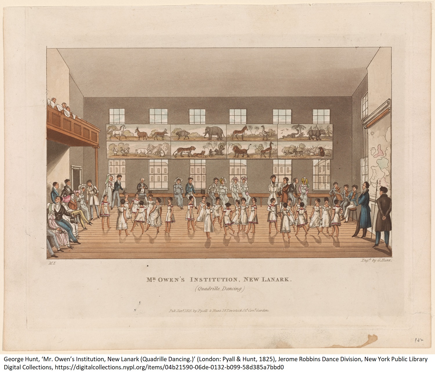 George Hunt, ‘Mr. Owen’s Institution, New Lanark (Quadrille Dancing.)’ (London: Pyall & Hunt, 1825), Jerome Robbins Dance Division, New York Public Library Digital Collections, https://digitalcollections.nypl.org/items/04b21590-06de-0132-b099-58d385a7bbd0 