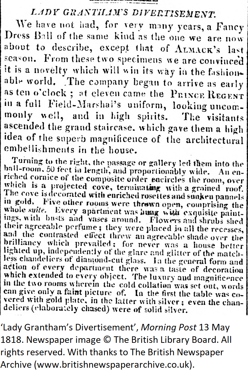 ‘Lady Grantham’s Divertisement’, Morning Post 13 May 1818. Newspaper image © The British Library Board. All rights reserved. With thanks to The British Newspaper Archive (www.britishnewspaperarchive.co.uk). 