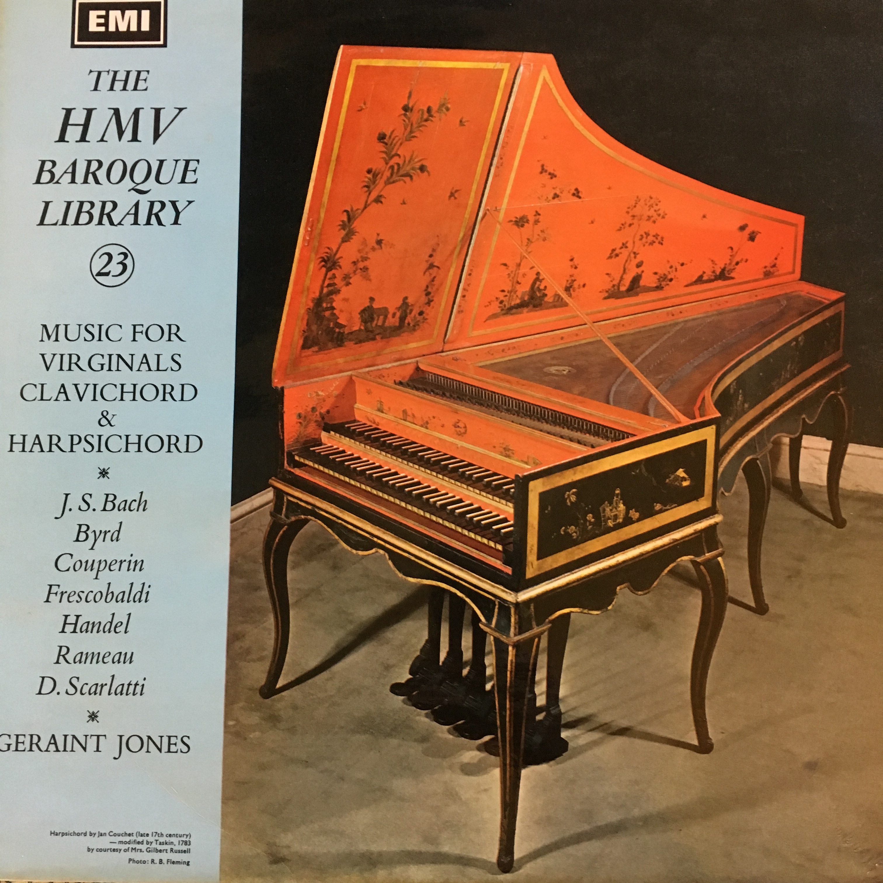 Record cover showing the Goermans Taskin harpsichord at Mottisfont. The harpsichord is black and gold and features red underneath the lid