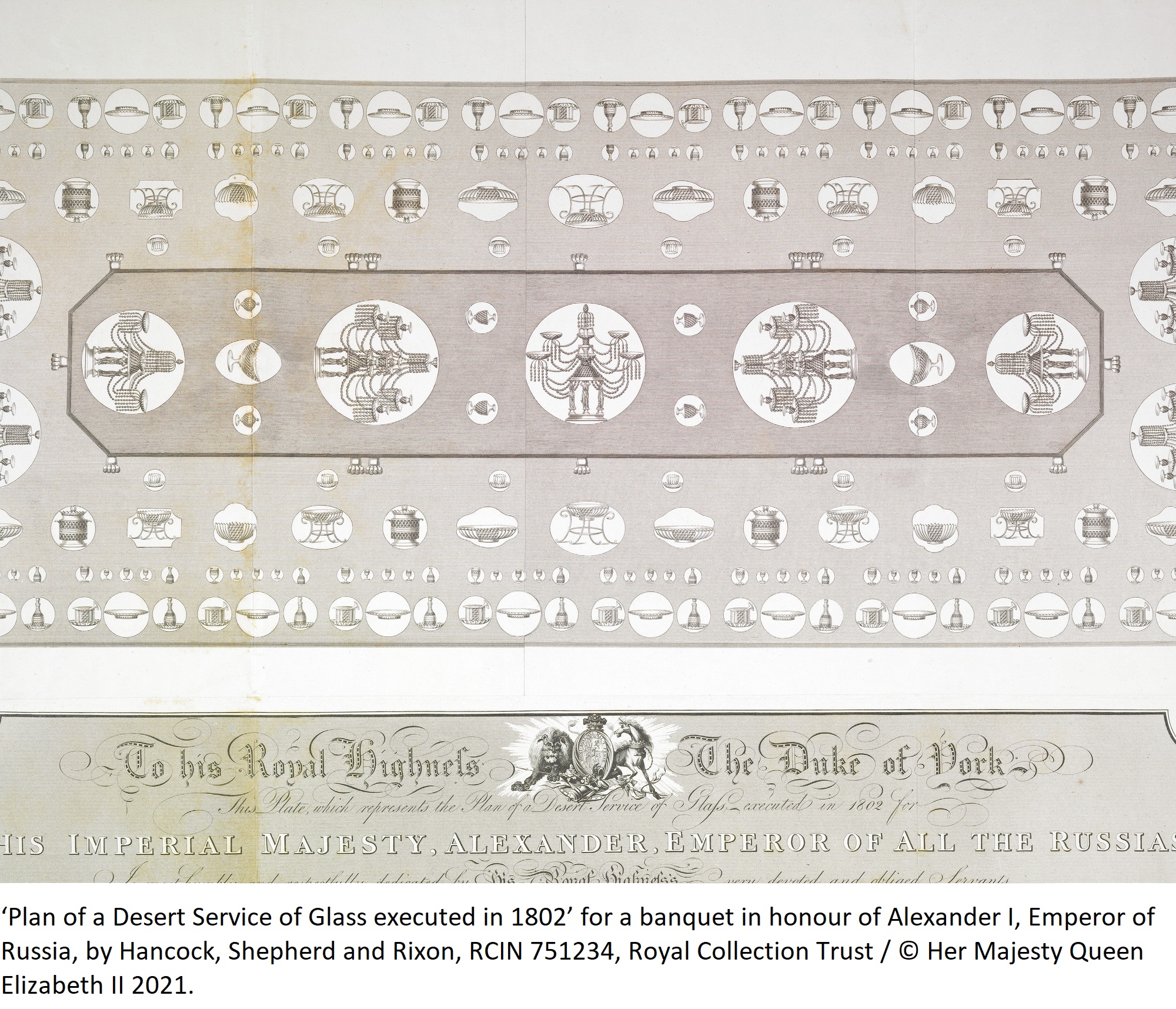 ‘Plan of a Desert Service of Glass executed in 1802’ for a banquet in honour of Alexander I, Emperor of Russia, by Hancock, Shepherd and Rixon, RCIN 751234, Royal Collection Trust / © Her Majesty Queen Elizabeth II 2021.