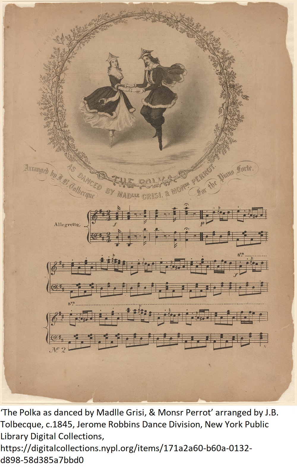 ‘The Polka as danced by Madlle Grisi, & Monsr Perrot’ arranged by J.B. Tolbecque, c.1845, Jerome Robbins Dance Division, New York Public Library Digital Collections, https://digitalcollections.nypl.org/items/171a2a60-b60a-0132-d898-58d385a7bbd0 