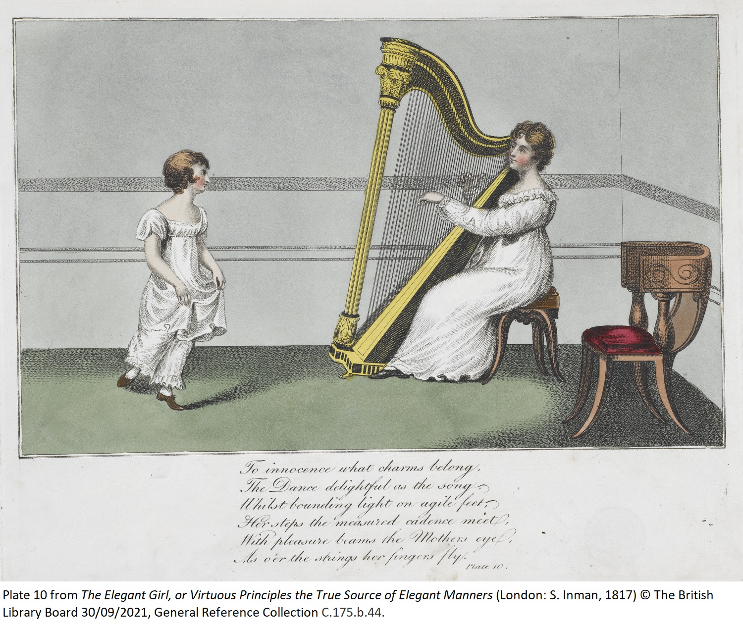 Plate 10 from The Elegant Girl, or Virtuous Principles the True Source of Elegant Manners (London: S. Inman, 1817) © The British Library Board 30/09/2021, General Reference Collection C.175.b.44. 