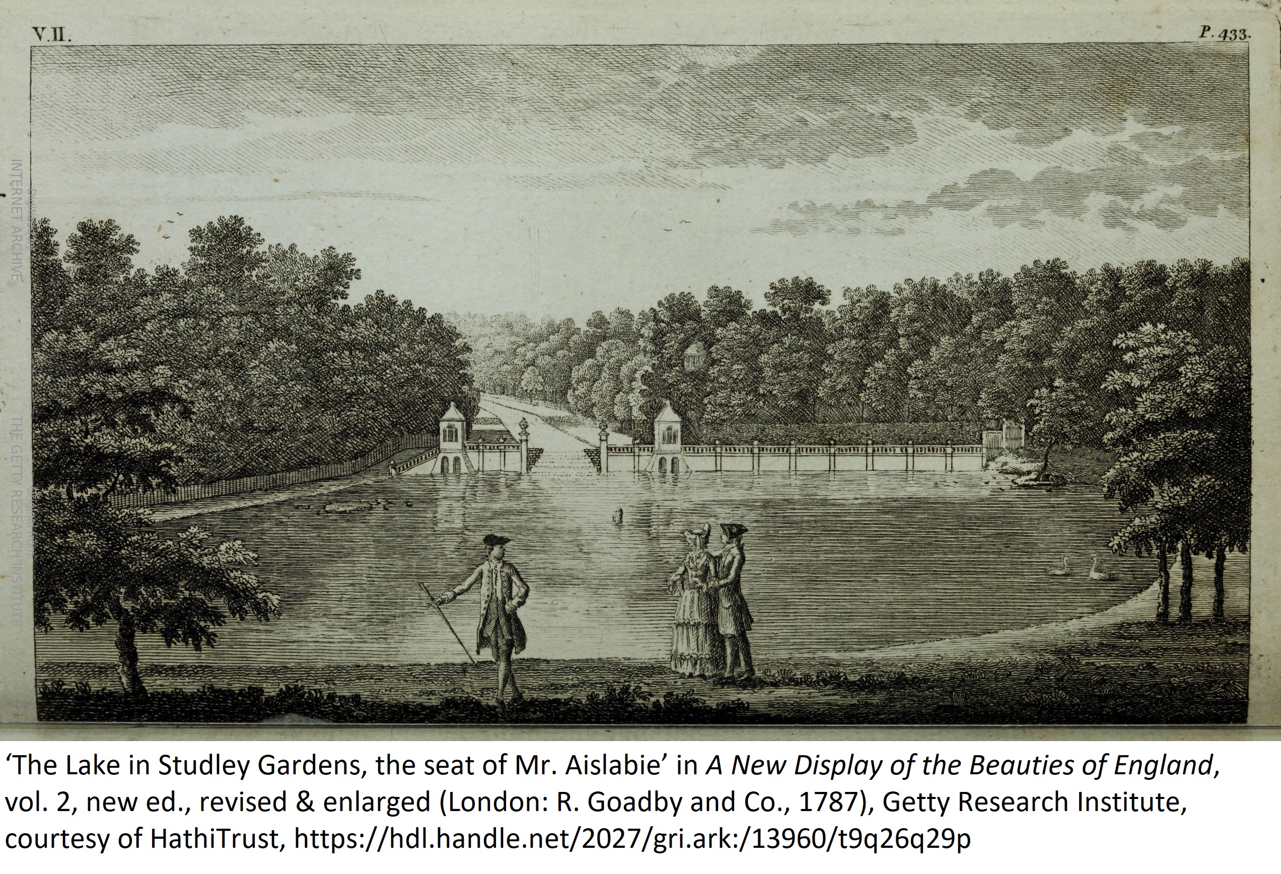 ‘The Lake in Studley Gardens, the seat of Mr. Aislabie’ in A New Display of the Beauties of England, vol. 2, new ed., revised & enlarged (London: R. Goadby and Co., 1787), Getty Research Institute, courtesy of HathiTrust, https://hdl.handle.net/2027/gri.ark:/13960/t9q26q29p 