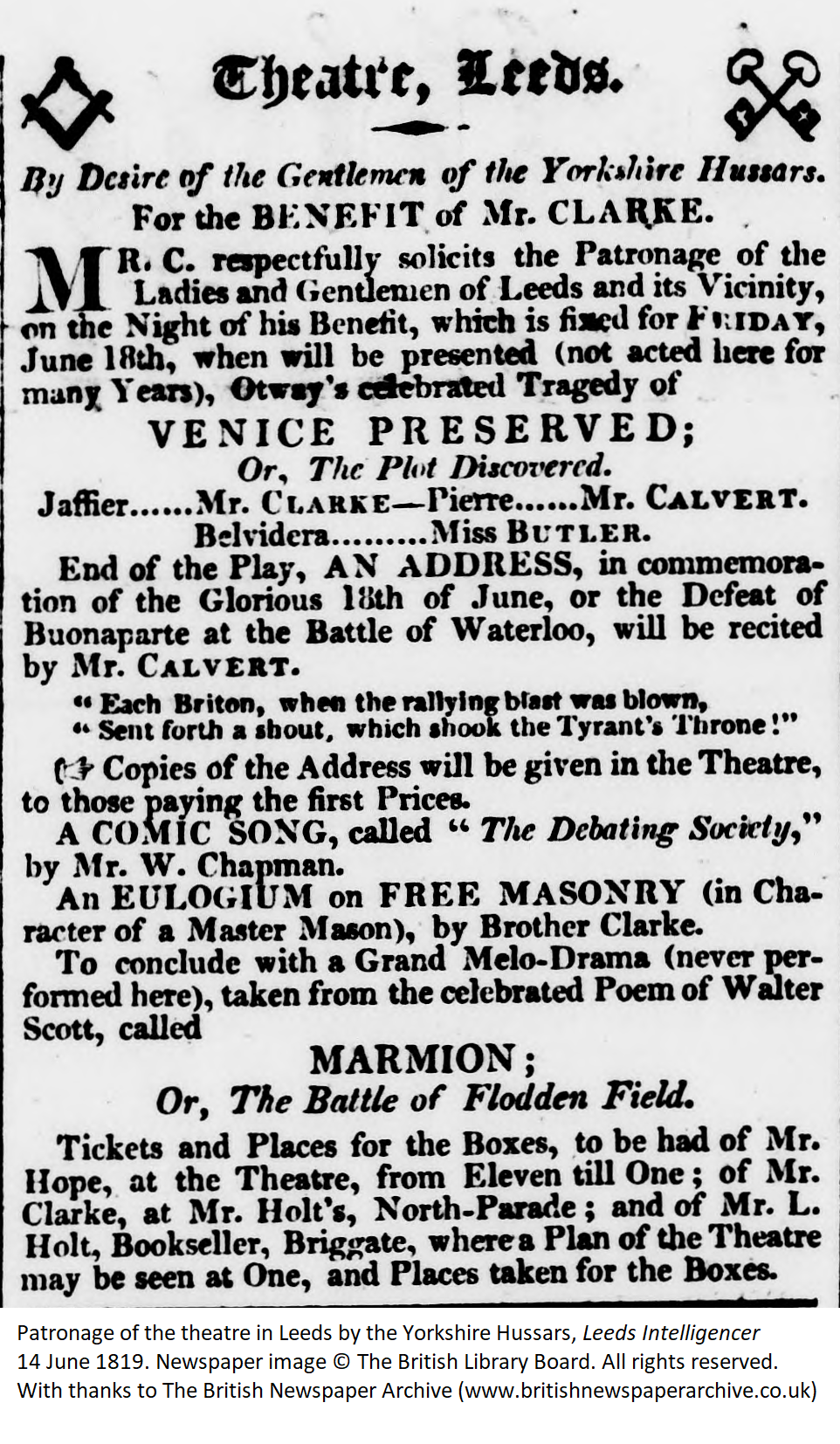 Patronage of the theatre in Leeds by the Yorkshire Hussars, Leeds Intelligencer 14 June 1819. Newspaper image © The British Library Board. All rights reserved. With thanks to The British Newspaper Archive (www.britishnewspaperarchive.co.uk)
