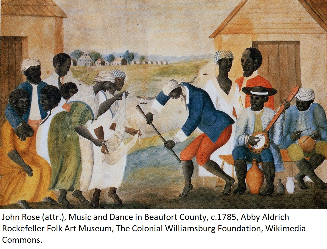 John Rose (attr.), Music and Dance in Beaufort County, c.1785, Abby Aldrich Rockefeller Folk Art Museum, The Colonial Williamsburg Foundation, Wikimedia Commons.  