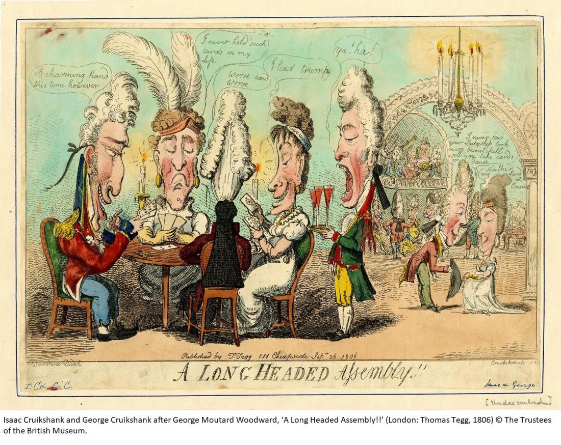 Isaac Cruikshank and George Cruikshank after George Moutard Woodward, ‘A Long Headed Assembly!!’ (1806) © The Trustees of the British Museum. The image shows a caricatured group of people playing cards with long heads in the foreground, while in the background are dancers and a band. 