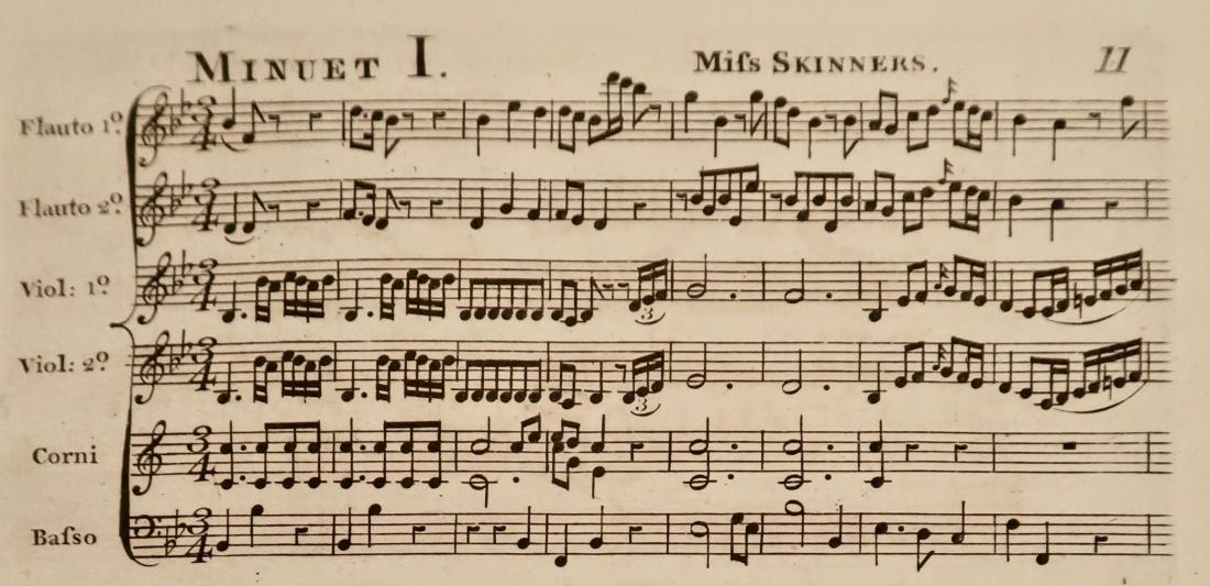 Extract of the score from Miss Skinner's Minuet by the 4th Earl of Abingdon, courtesy of the British Library Board, Music Collections g.443.d.(2.), page 11.
