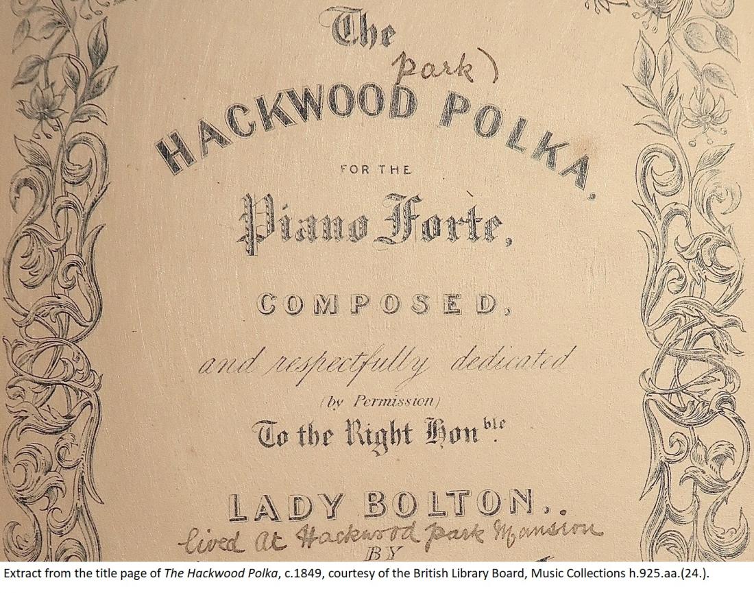 Extract from the title page of The Hackwood Polka, c.1849, courtesy of the British Library Board, Music Collections h.925.aa.(24.). 
