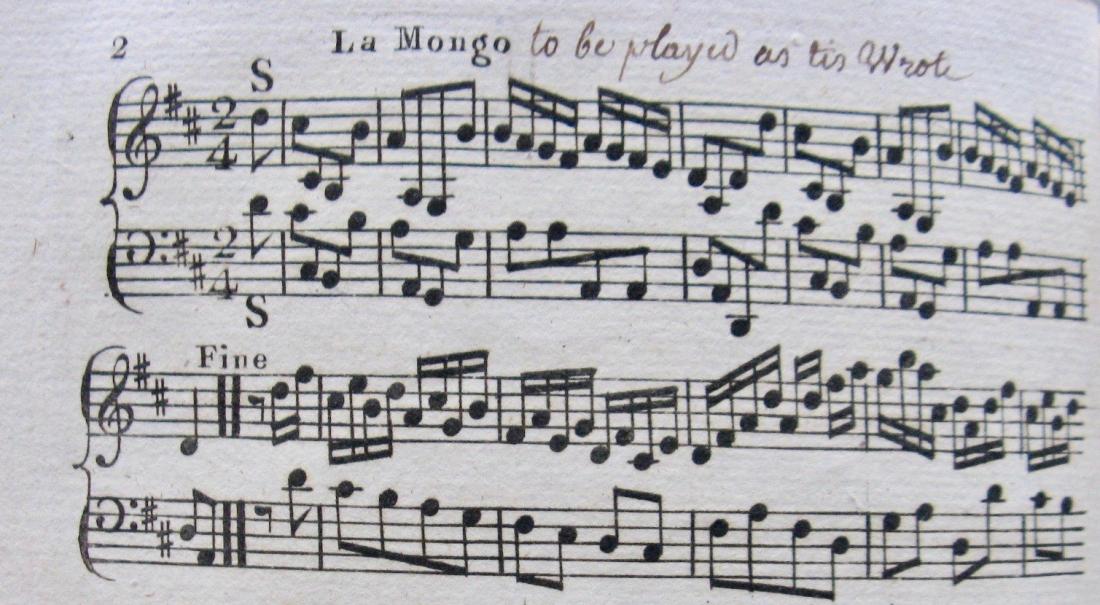 Extract from the first page of the score for La Mongo from Giovanni Gherardi's Third Book of Country Dances or Cotillons, Belton House