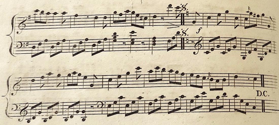 Extract of the score from James Paine's 12th Set of Quadrilles, 2008TW-2163. Houghton Library, Harvard University.