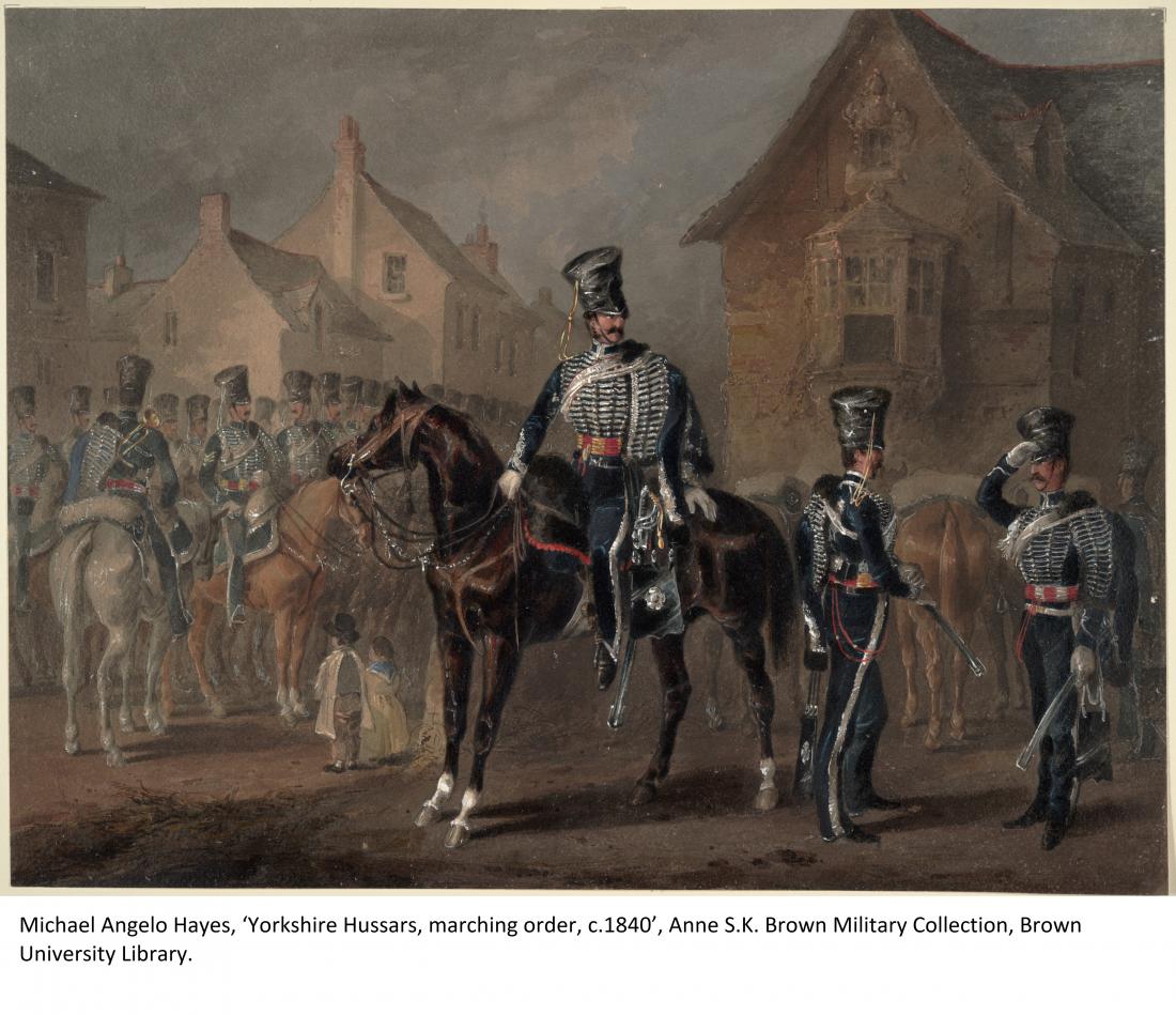 Michael Angelo Hayes, ‘Yorkshire Hussars, marching order, c.1840’, showing Hussar men dressed in black, silver and red uniforms on their horses, Anne S.K. Brown Military Collection, Brown University Library.