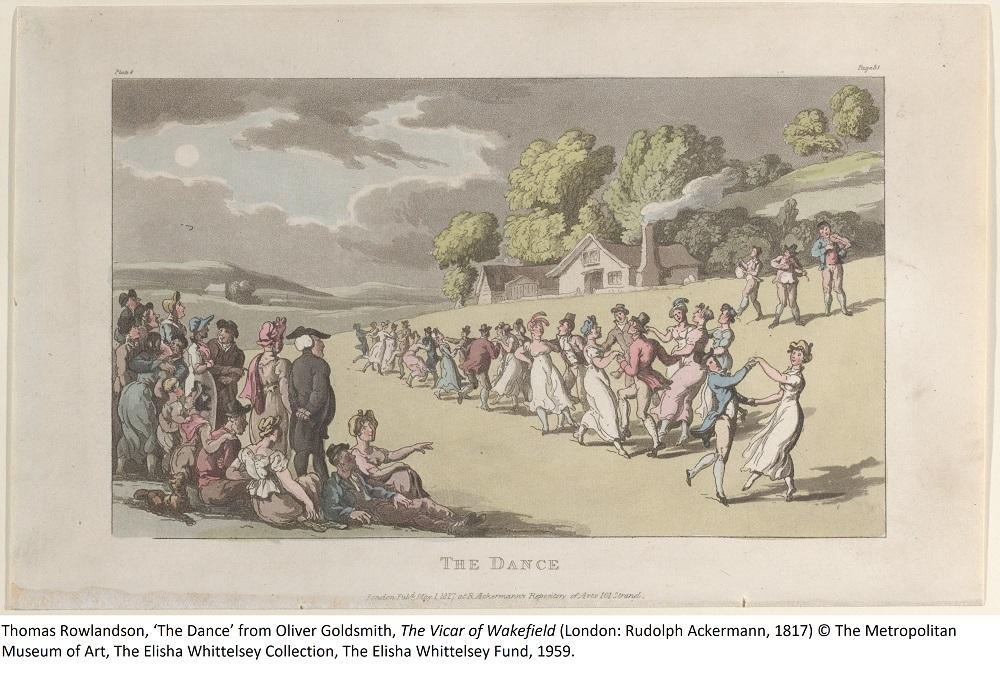 Thomas Rowlandson, ‘The Dance’ from Oliver Goldsmith, The Vicar of Wakefield (London: Rudolph Ackermann, 1817) © The Metropolitan Museum of Art, The Elisha Whittelsey Collection, The Elisha Whittelsey Fund, 1959. Thomas Rowlandson, ‘The Dance’ from Oliver Goldsmith's The Vicar of Wakefield (1817), showing two rows of people dancing outside © The Metropolitan Museum of Art, The Elisha Whittelsey Collection, The Elisha Whittelsey Fund, 1959.