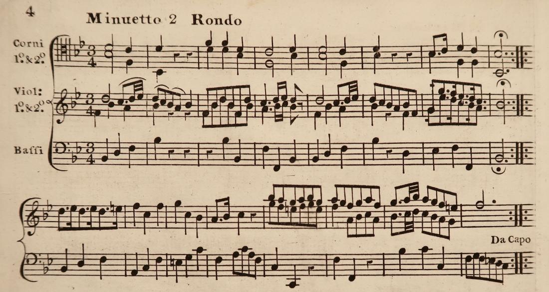 Extract of the score from Ignatius Sancho's Minuets Cotillons & Country Dances (c.1767), showing part of a minuet, courtesy of the British Library Board, Music Collections a.9.b.(1.), page 4.