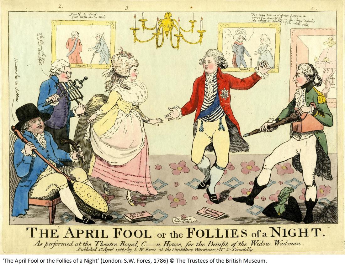 ‘The April Fool or the Follies of a Night’ (1786) © The Trustees of the British Museum. The image shows Mrs Fitzherbert and the Prince of Wales dancing to musicians who use weapons and household objects as instruments.  