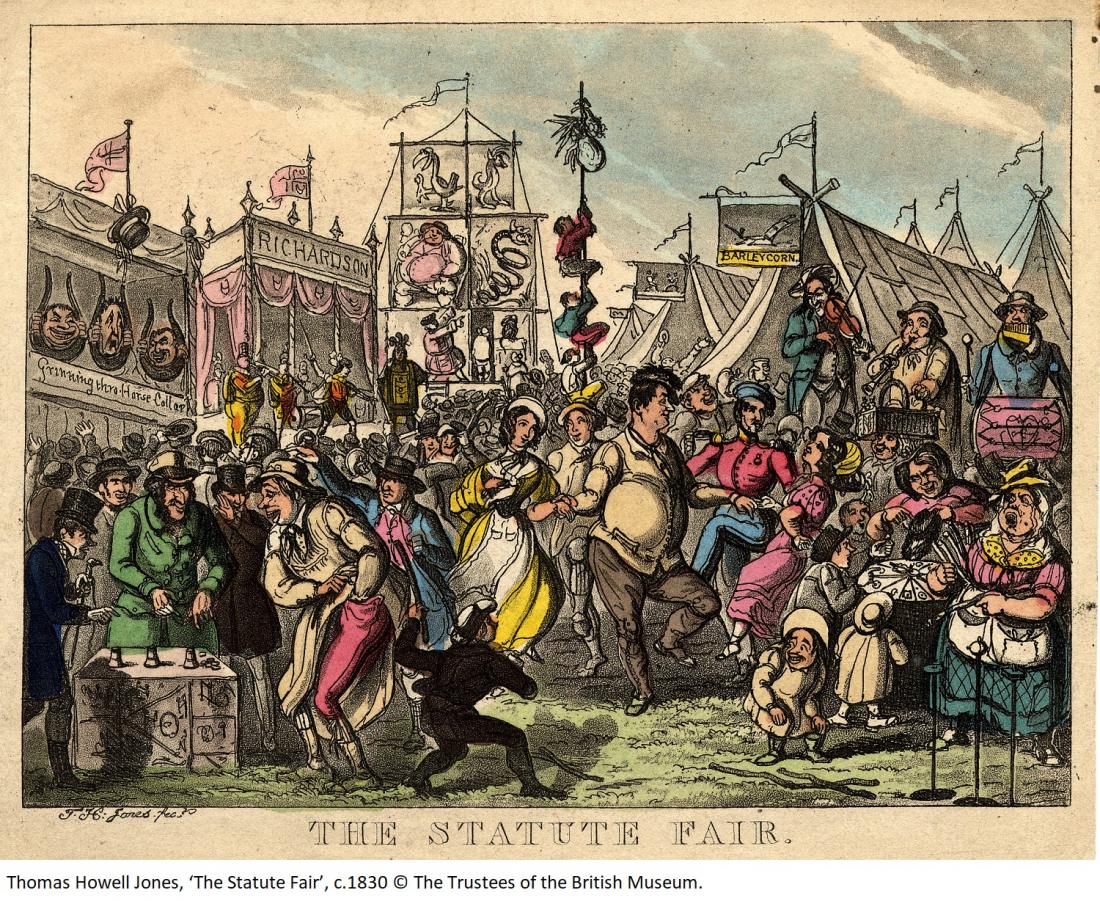 Thomas Howell Jones, ‘The Statute Fair’, c.1830 © The Trustees of the British Museum. The image shows a busy fair scene, with people dancing in the foreground, accompanied by musicians that include a man playing panpipes and a drum. 