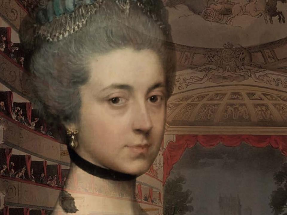 Extract of Lady Elizabeth Montagu by Thomas Gainsborough (1767), superimposed on a view of the King's Theatre by Thomas Rowlandson and Augustus Pugin Extract of Lady Elizabeth Montagu by Thomas Gainsborough (1767), superimposed on a view of the King's Theatre by Thomas Rowlandson and Augustus Pugin