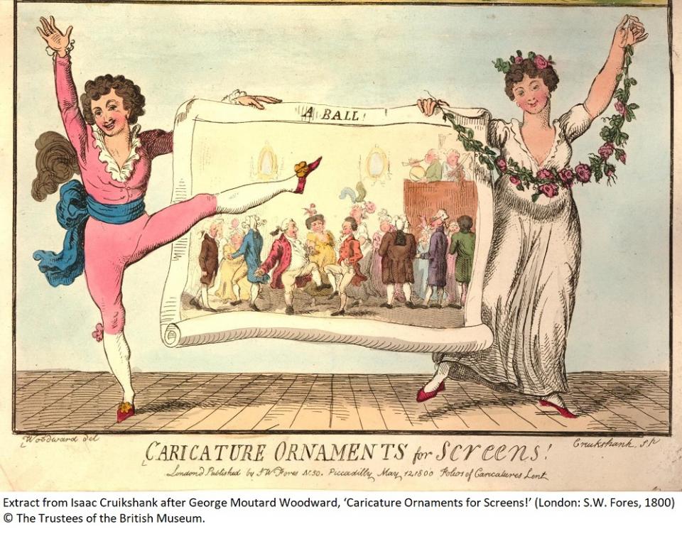 Extract from Isaac Cruikshank after George Moutard Woodward, 'Caricature Ornaments for Screens!' (1800), showing two stage dancers in attitudes holding a scroll, which depicts social dance at a ball, accompanied by two musicians © The Trustees of the British Museum.