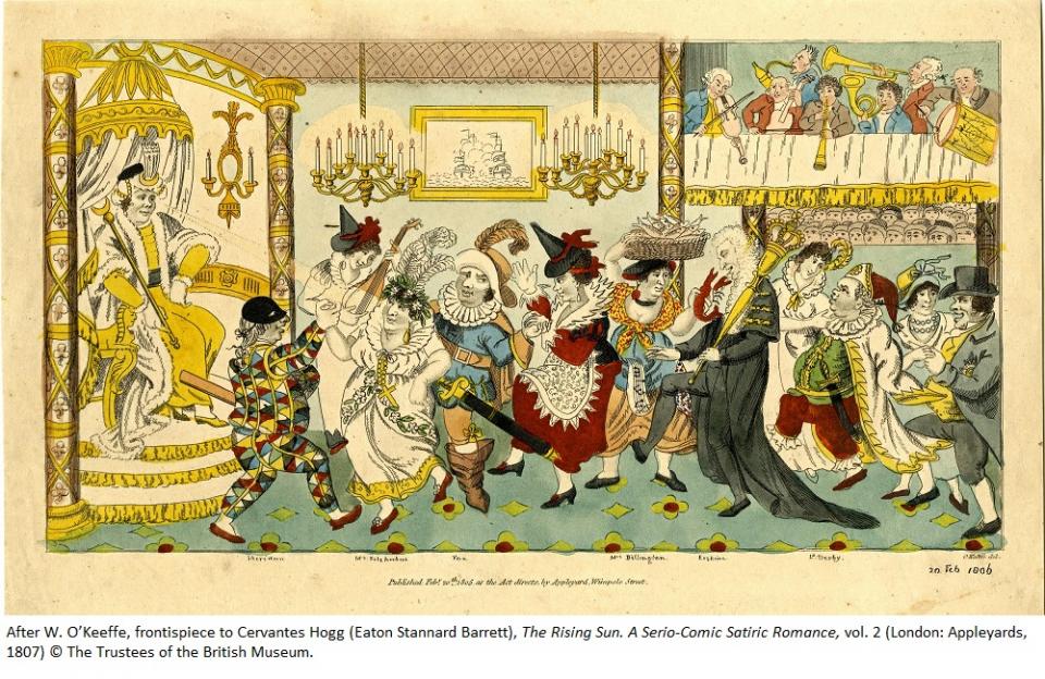 After W. O’Keeffe, frontispiece to Cervantes Hogg (Eaton Stannard Barrett), The Rising Sun. A Serio-Comic Satiric Romance, vol. 2 (1807), showing characters in masquerade dress and a varied band of string, wind, brass and percussions instruments in a raised gallery © The Trustees of the British Museum.