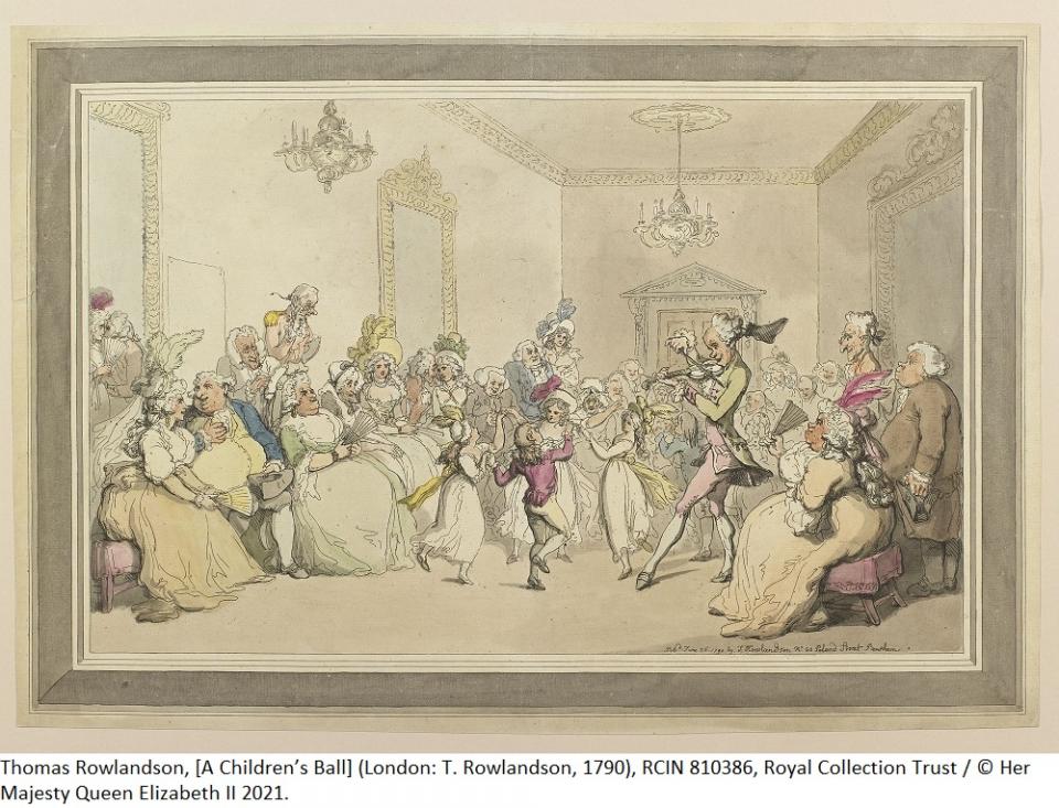 Thomas Rowlandson, [A Children’s Ball] (1790), Royal Collection Trust / © Her Majesty Queen Elizabeth II 2021. The image shows children dancing to the accompaniment of a dancing master playing a violin, observed on both sides by groups of adults. 