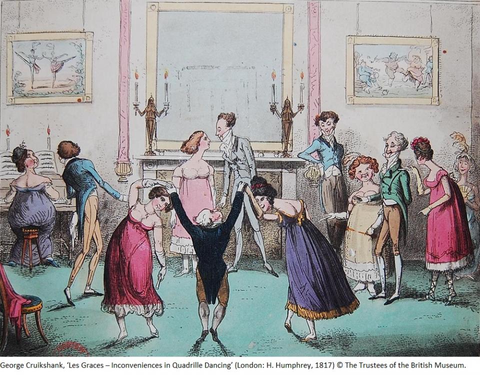 George Cruikshank, ‘Les Graces – Inconveniences in Quadrille Dancing’ (1817), showing two women dancing with a short man, accompanied by a lady on the piano © The Trustees of the British Museum. 