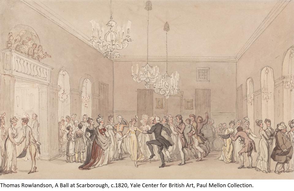 Thomas Rowlandson, A Ball at Scarborough, c.1820, Yale Center for British Art, Paul Mellon Collection. Thomas Rowlandson, A Ball at Scarborough, c.1820, showing a ballroom with chandeliers filled with people dancing and talking, accompanied by musicians in a raised gallery, Yale Center for British Art, Paul Mellon Collection.