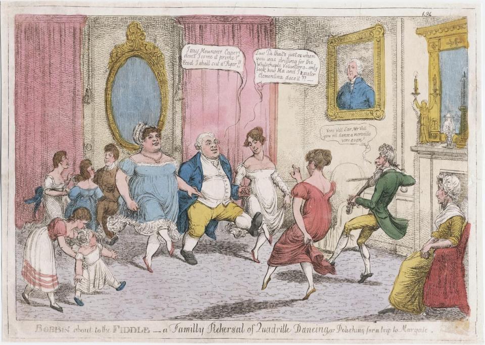 In a drawing room, a dancing-master is playing his small fiddle or kit, dances, facing a stout 'cit' who dances between wife, daughter and a third lady; two children are joining in.