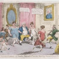 In a drawing room, a dancing-master is playing his small fiddle or kit, dances, facing a stout 'cit' who dances between wife, daughter and a third lady; two children are joining in.