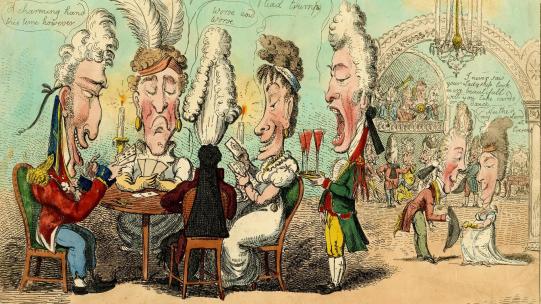 Isaac Cruikshank and George Cruikshank after George Moutard Woodward, ‘A Long Headed Assembly!!’ (1806) © The Trustees of the British Museum. The image shows a caricatured group of people playing cards with long heads in the foreground, while in the background are dancers and a band. 