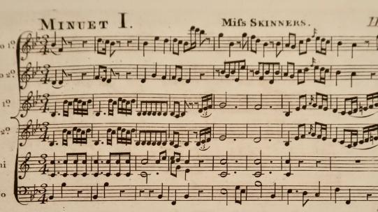 Extract of the score from Miss Skinner's Minuet by the 4th Earl of Abingdon, courtesy of the British Library Board, Music Collections g.443.d.(2.), p. 11. Extract of the score from Miss Skinner's Minuet by the 4th Earl of Abingdon, courtesy of the British Library Board, Music Collections g.443.d.(2.), page 11.
