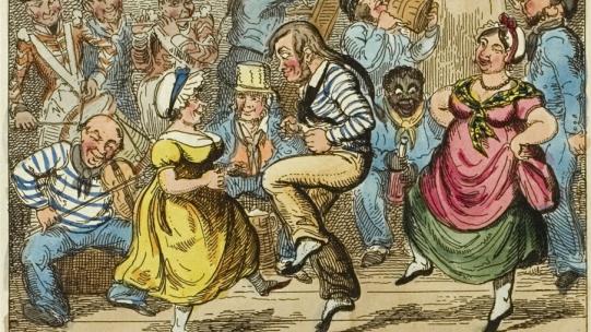 Extract from George Cruikshank, ‘The Sailors Progress – sic transit gloria mundi –’ (1819), The Art Institute of Chicago. The image shows a man and woman dancing on board a ship, accompanied by military and sailor musicians, while others drink and smoke around them.