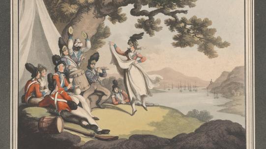 Heinrich Joseph Schütz after Thomas Rowlandson, ‘No. 2 Soldiers Recreating’ (1798) © The Metropolitan Museum of Art, The Elisha Whittelsey Collection, The Elisha Whittelsey Fund, 1959. The image shows a woman dancing outside near water, accompanied and watched by soldiers. 