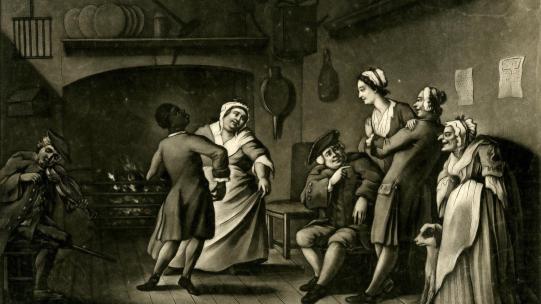 ‘High Life below Stairs’ (1770) © The Trustees of the British Museum. The image shows two servants, one of whom is black, dancing in a kitchen to the sound of a fiddle, observed by their colleagues.  
