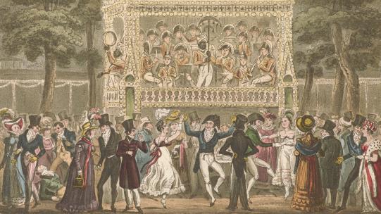 Isaac Robert Cruikshank and George Cruikshank, ‘Tom, Jerry and Logic making the most of an Evening at Vauxhall’ in Pierce Egan, Life in London (1821), showing people dancing outside in front of a bandstand which contains both black and white military musicians, courtesy Birmingham Museum of Art, Collection of the Art Fund, Inc. at the Birmingham Museum of Art; Catherine H. Collins Collection, AFI.674.1998.  