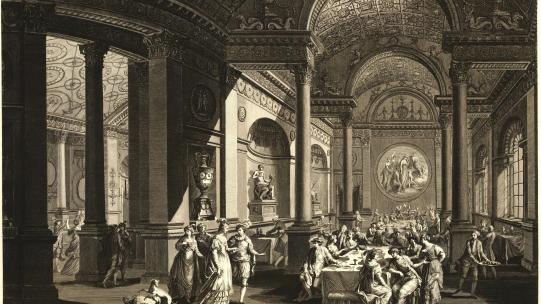 James Caldwall and Charles Grignion after Robert Adam, ‘Inside view of the Supper-room & part of the Ball-room in a Pavilion erected for a Fête Champêtre in the Garden of the Earl of Derby at the Oaks in Surry [sic], the 9th of June, 1774’, 1780 © The Trustees of the British Museum.