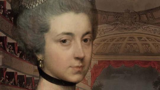 Extract of Lady Elizabeth Montagu by Thomas Gainsborough (1767), superimposed on a view of the King's Theatre by Thomas Rowlandson and Augustus Pugin