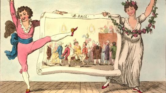 Extract from Isaac Cruikshank after George Moutard Woodward, 'Caricature Ornaments for Screens!' (1800), showing two stage dancers in attitudes holding a scroll, which depicts social dance at a ball, accompanied by two musicians © The Trustees of the British Museum.