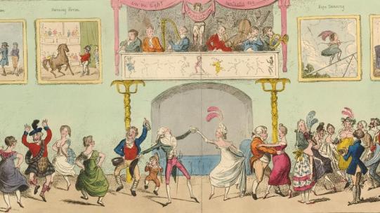 George Cruikshank, ‘La Belle Assemblée or Sketches of Characteristic Dancing’ (1817), showing various dance types accompanied by a band in a raised gallery © The Trustees of the British Museum.