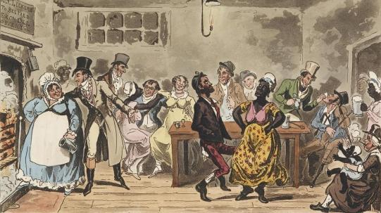 Isaac Robert and George Cruikshank, ‘Lowest “Life in London” – Tom, Jerry and Logic, among the unsophisticated Sons and Daughters of Nature, at “All Max” in the East’ from Pierce Egan's Life in London (1821), showing a black woman and a swarthy man dancing to a violin while other customers sit drinking © The Trustees of the British Museum.