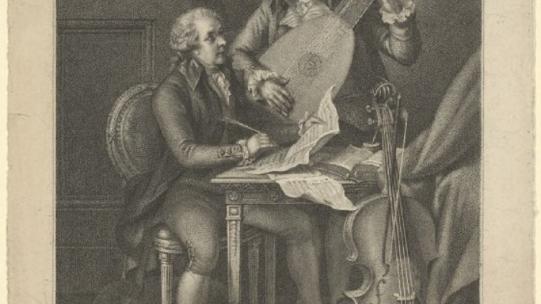 Michele Benedetti after John Francis Rigaud, ‘Willoughby Earl of Abingdon’ (London: Theobald Monzani, 1800), showing the Earl composing music at a table with a cello sitting nearby and his uncle playing a theorbo, New York Public Library Digital Collections