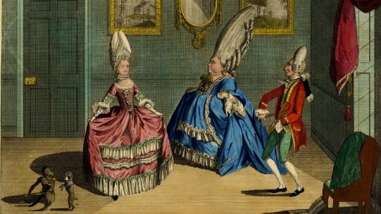 ‘Boarding School Education, or the Frenchified Young Lady’ (1771), showing two women with tall wigs and wide skirts practising dance with a dancing master © The Trustees of the British Museum.